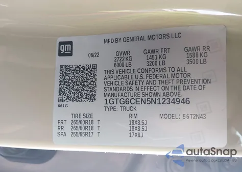 2022 GMC Canyon 4Wd Short Box Elevation z USA, uszkodzony, nr VIN 1GTG6CEN5N1234946